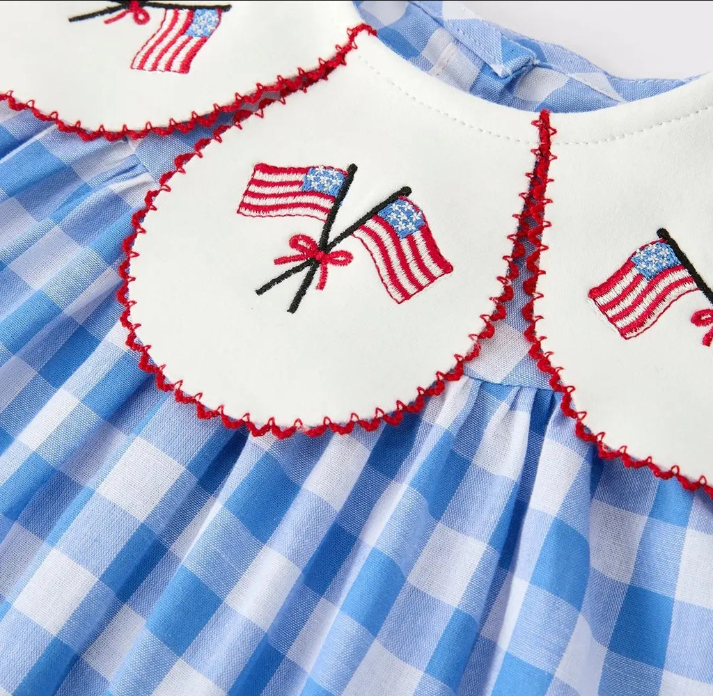 Blue & white gingham romper - Preorder